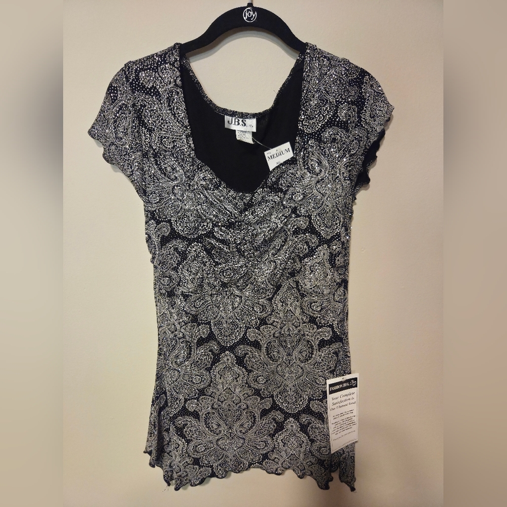 NWT J.B.S. Black and White Sparkly Paisley Women's Blouse Size M